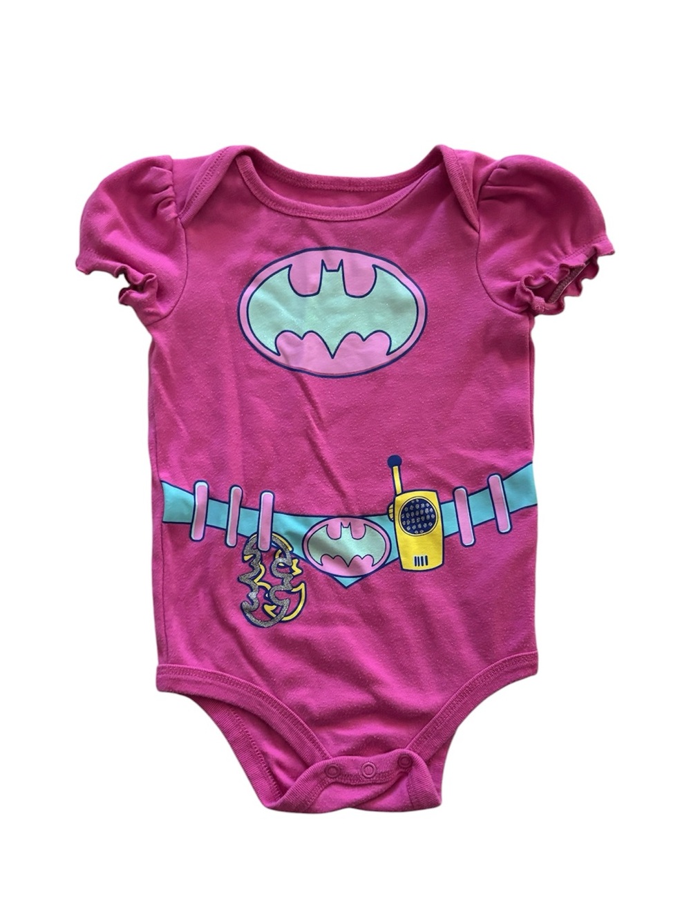 10/$15 Batman Pink Baby One-Piece with Teal Belt Graphic